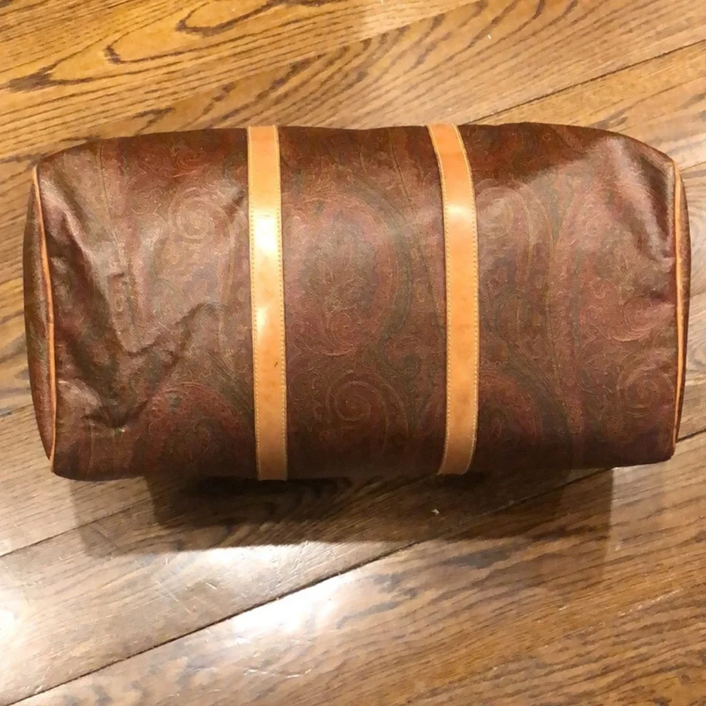 ETRO MILANO Paisley Coated Canvas Vachetta Leather Boston Shoulder Weekend Bag